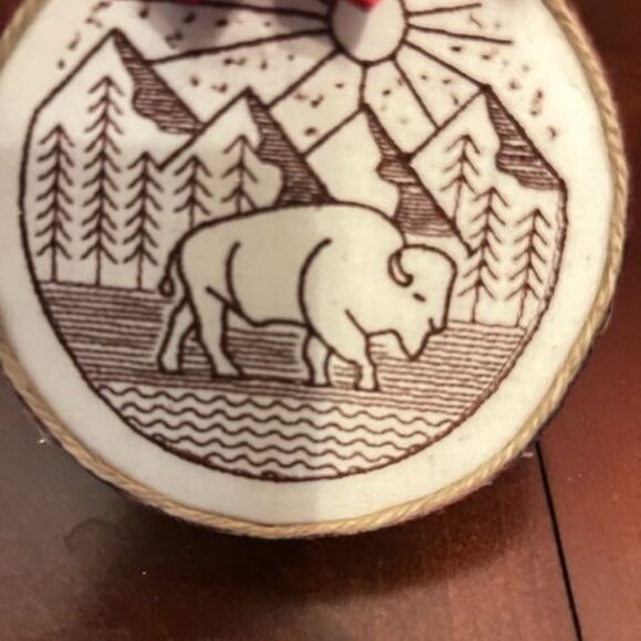 Rustic Holiday Ornament With Red & Beige Ribbon Accents & Buffalo Print - Picture 4 of 6